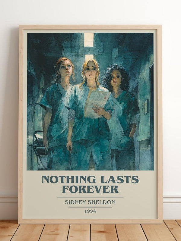 Nothing Lasts Forever book cover print in frame leaning in hallway – thriller wall art