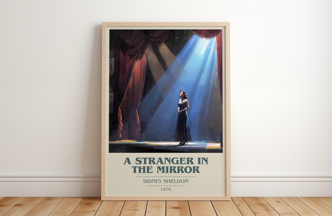 A Stranger in the Mirror book cover print in frame leaning in hallway – romance wall art (mockup)