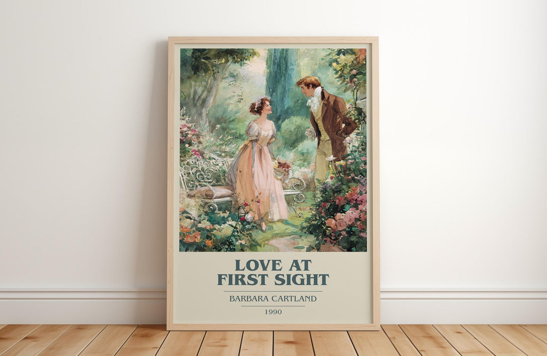 Love at First Sight book cover print in frame leaning in hallway – romance wall art (mockup)
