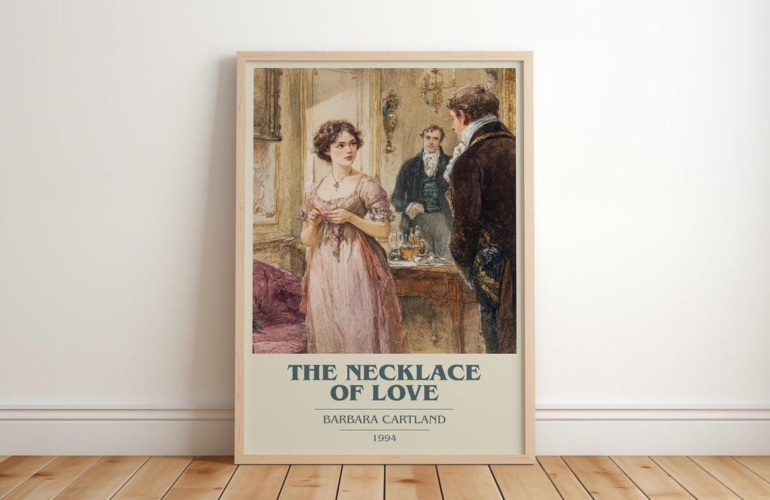 The Necklace of Love book cover print in frame leaning in hallway – romance wall art (mockup)