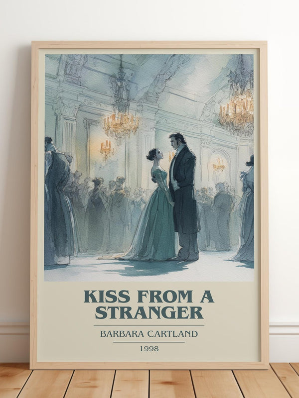 Kiss from a Stranger book cover print in frame leaning in hallway – romance wall art