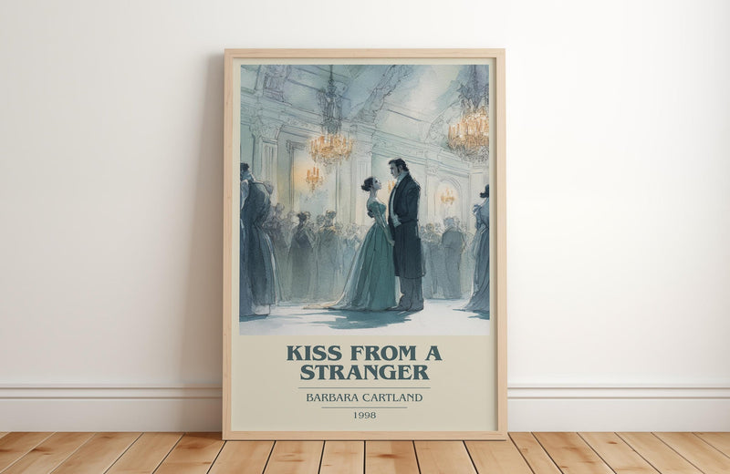 Kiss from a Stranger book cover print in frame leaning in hallway – romance wall art