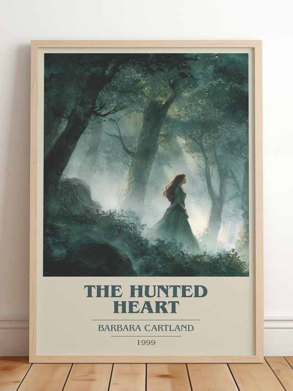 The Hunted Heart book cover print in frame leaning in hallway – romance wall art