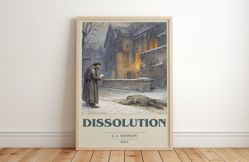 Dissolution book cover print in frame leaning in hallway – historical fiction wall art