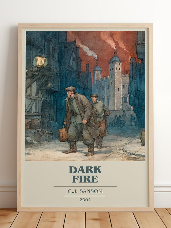 Dark Fire book cover print in frame leaning in hallway – historical fiction wall art