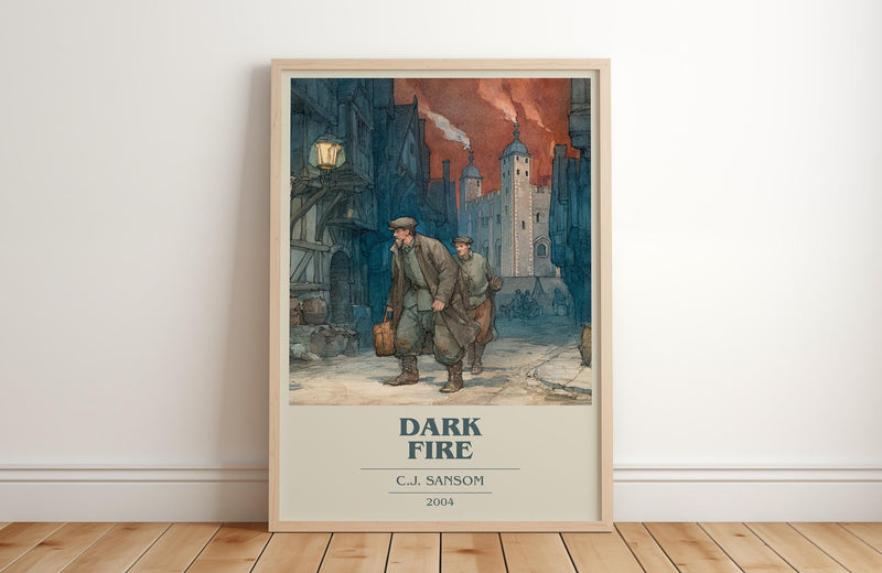 Dark Fire book cover print in frame leaning in hallway – historical fiction wall art