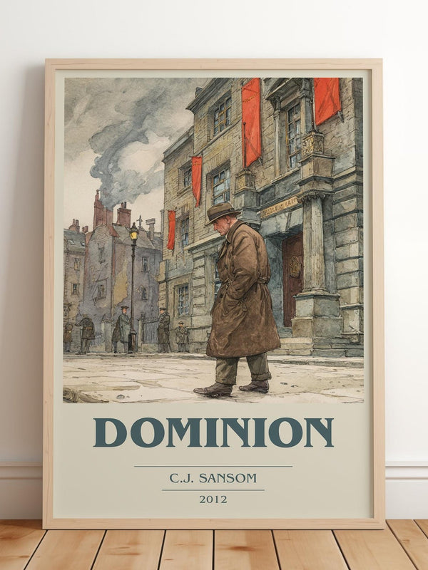 Dominion book cover print in frame leaning in hallway – historical fiction wall art
