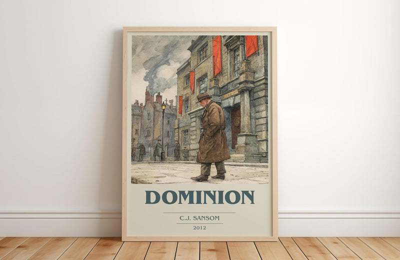 Dominion book cover print in frame leaning in hallway – historical fiction wall art