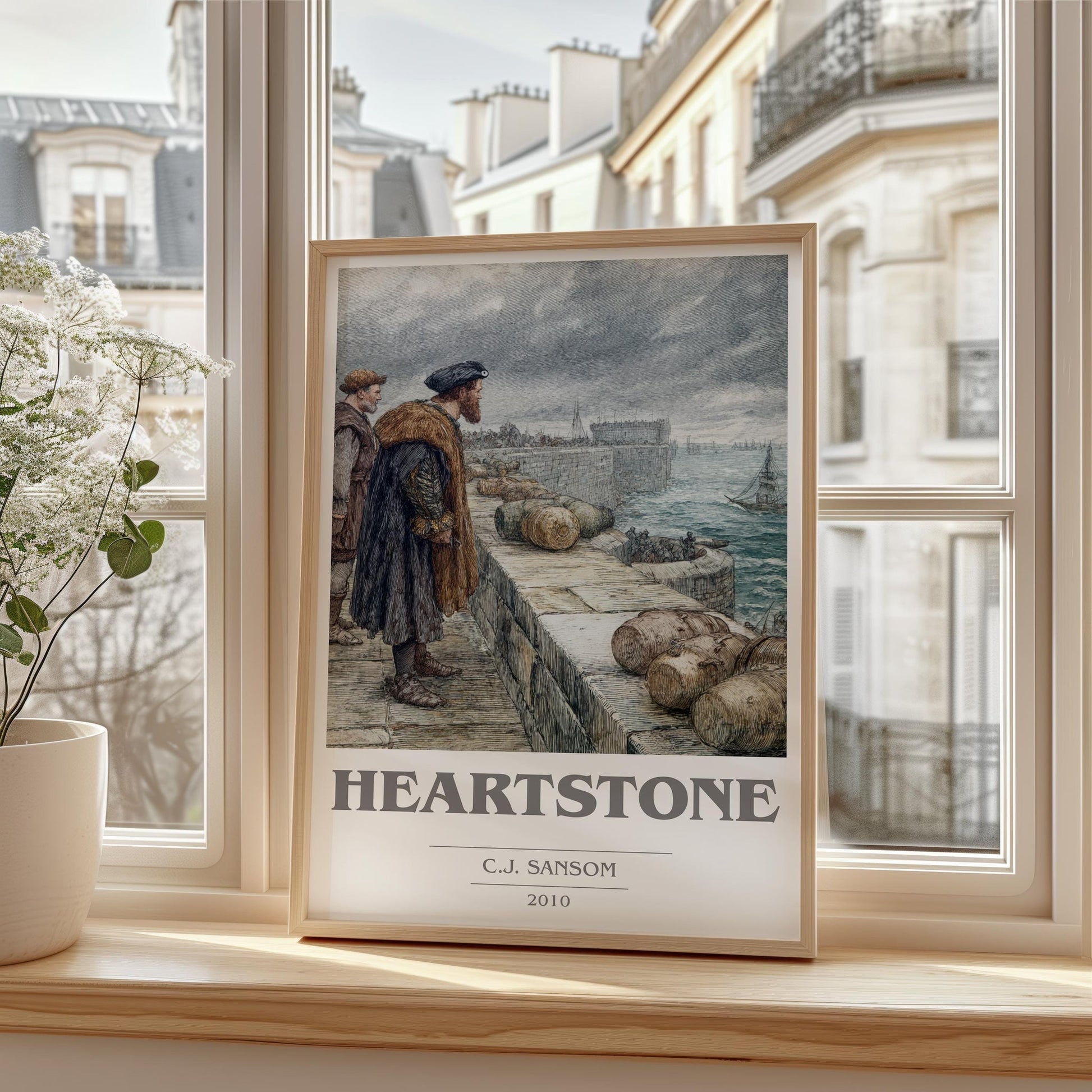 Heartstone book cover print framed by window – literary home decor
