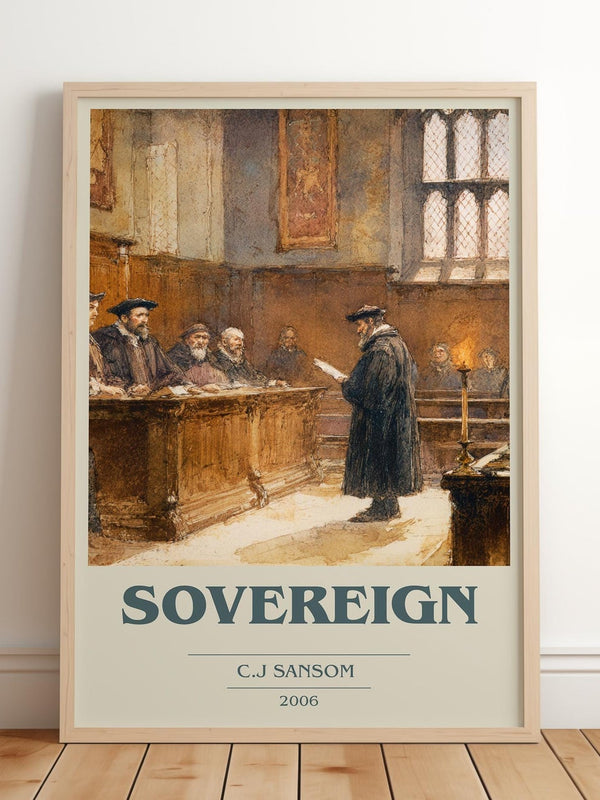 Sovereign book cover print in frame leaning in hallway – historical fiction wall art