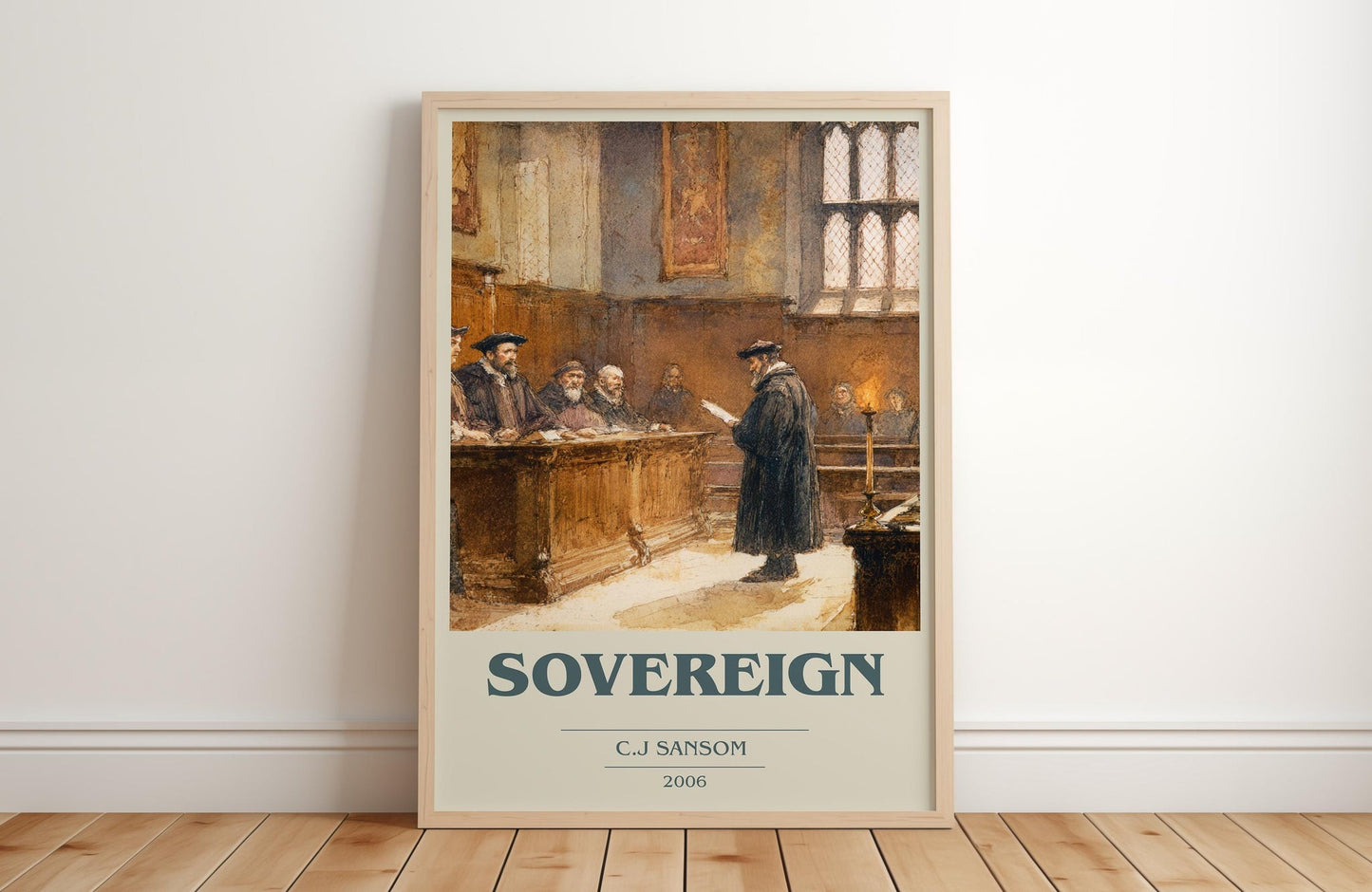 Sovereign book cover print in frame leaning in hallway – historical fiction wall art