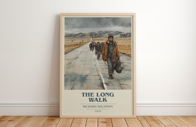 The Long Walk book cover print in frame leaning in hallway – dystopian wall art