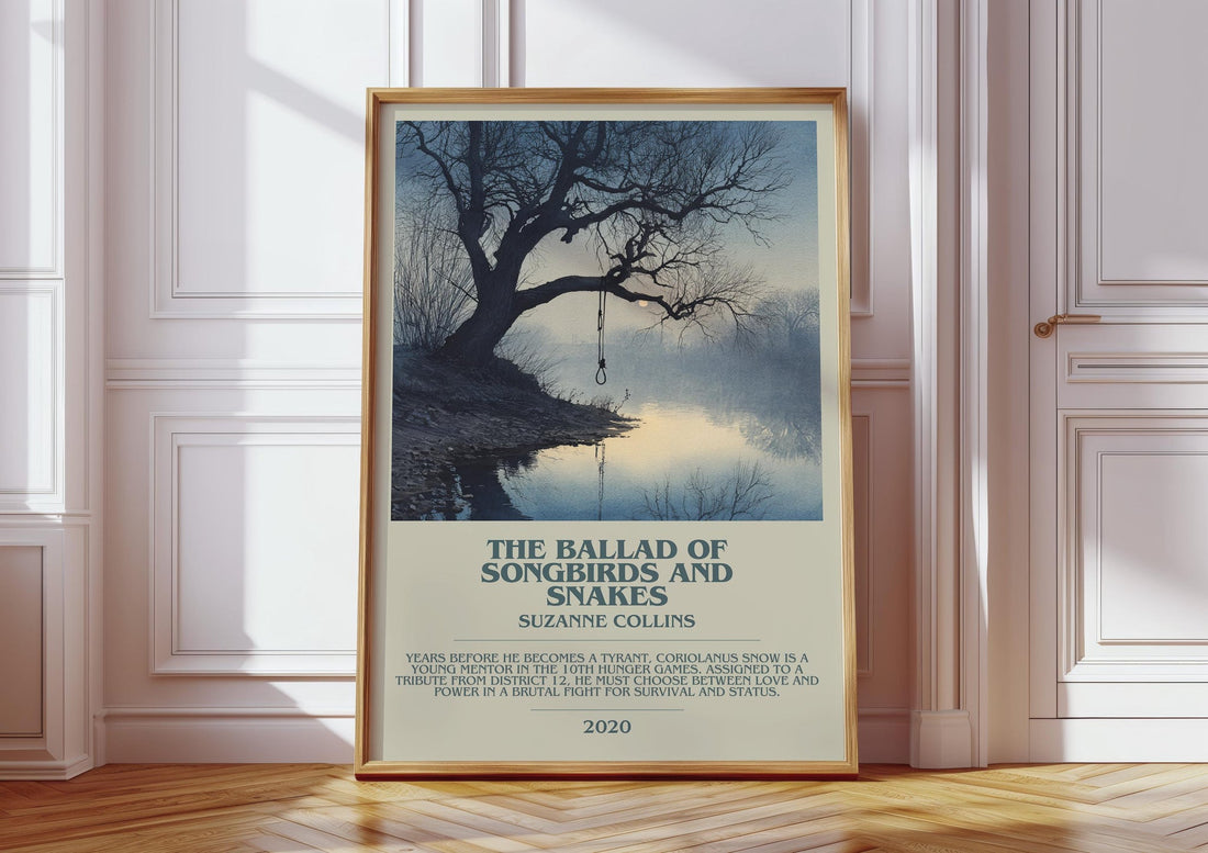 The Ballad of Songbirds and Snakes bookish print in frame leaning in hallway – dystopian wall art (mockup)