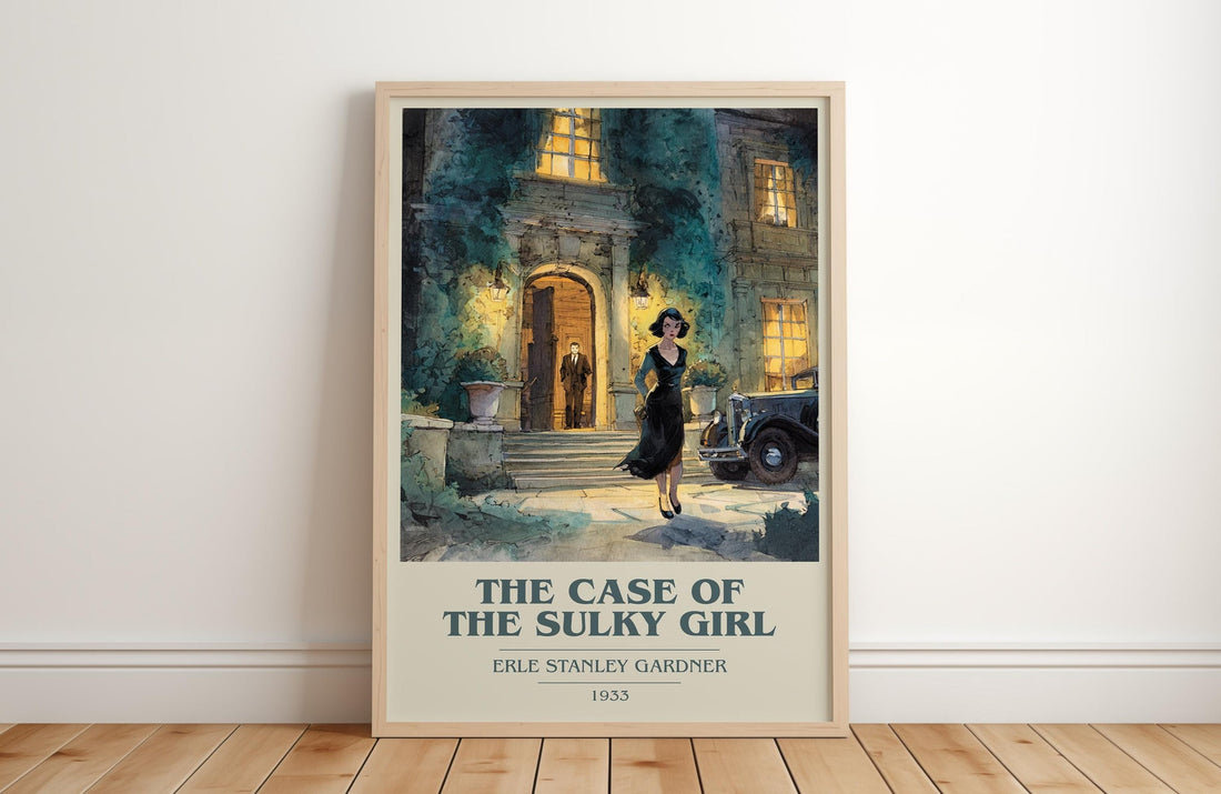 The Case Of The Sulky Girl book cover print in frame leaning in hallway – mystery wall art (mockup)