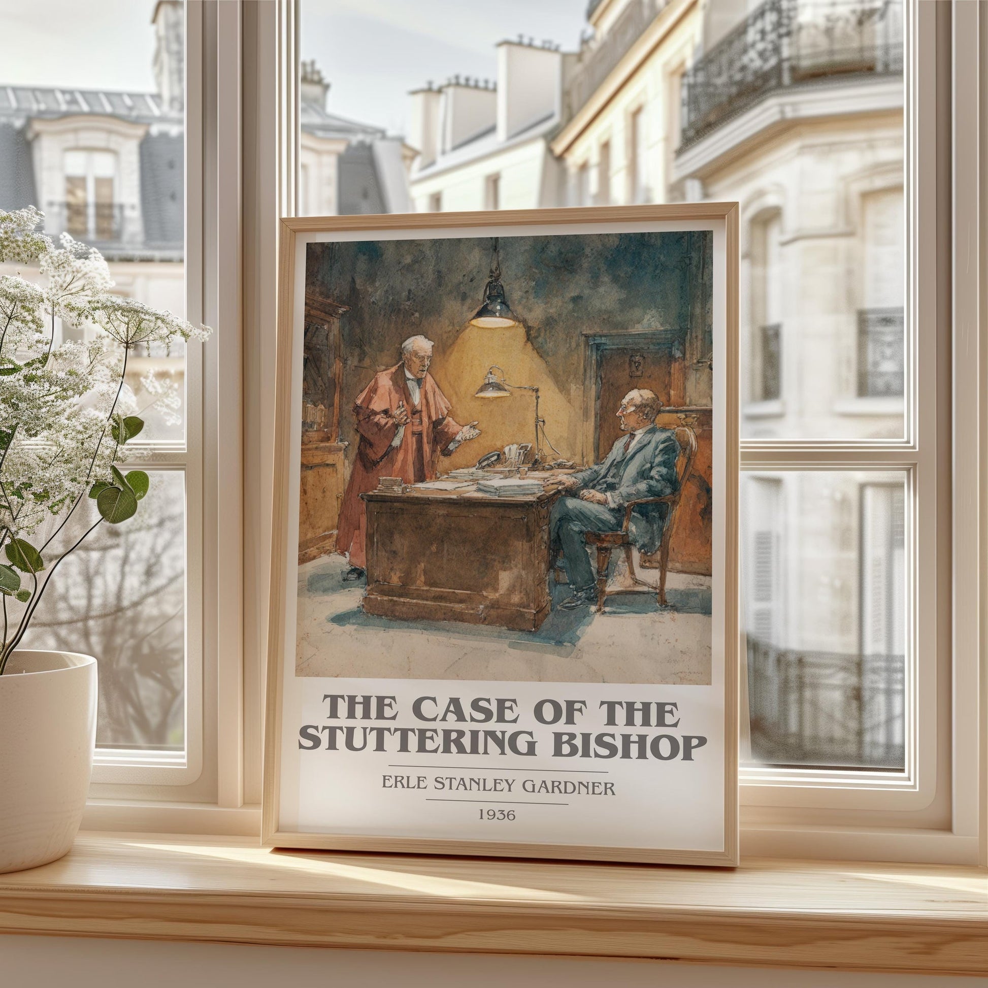 The Case of the Stuttering Bishop book cover print framed by window – literary home decor