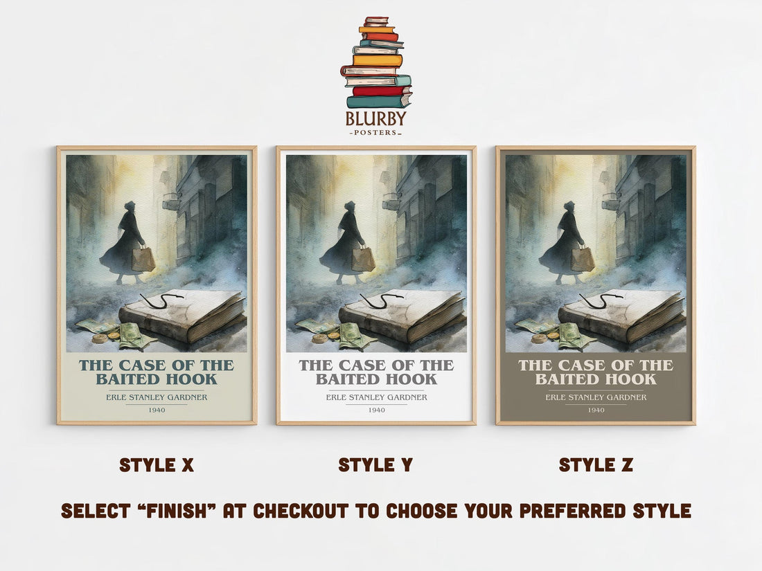 The Case of the Baited Hook book cover print in frame leaning in hallway – mystery wall art (mockup)