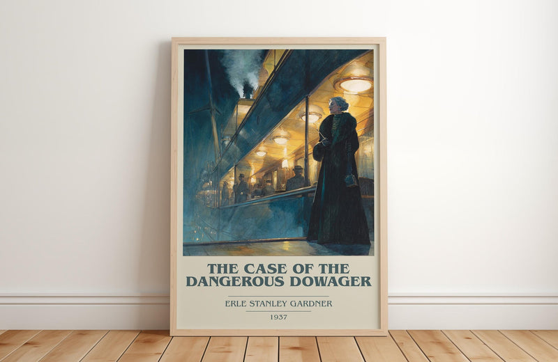 The Case Of The Dangerous Dowager book cover print in frame leaning in hallway – mystery wall art