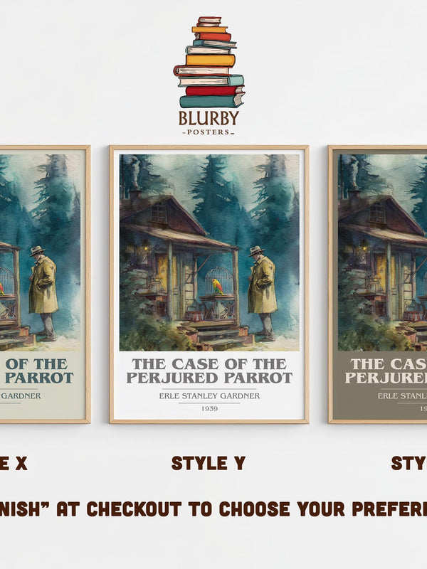 The Case Of The Perjured Parrot book cover print in frame leaning in hallway – mystery wall art