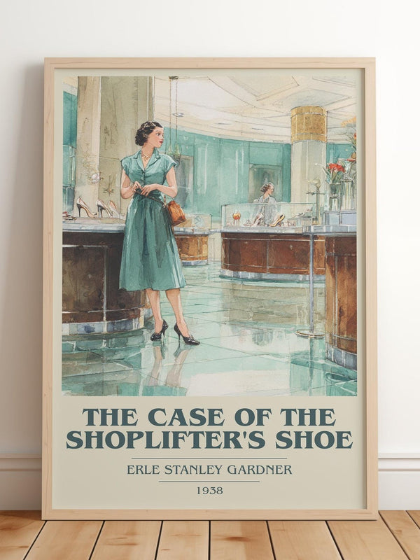 The Case of the Shoplifter's Shoe book cover print in frame leaning in hallway – mystery wall art