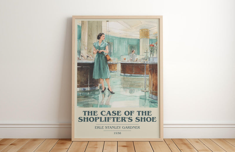 The Case of the Shoplifter's Shoe book cover print in frame leaning in hallway – mystery wall art