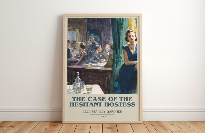 The Case of the Hesitant Hostess book cover print in frame leaning in hallway – mystery wall art