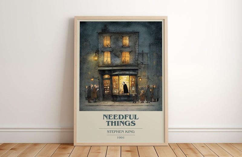 Needful Things book cover print in frame leaning in hallway – horror wall art