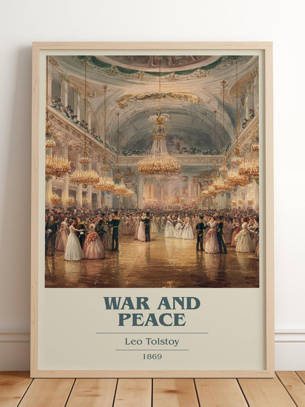 War and Peace book cover print in frame leaning in hallway – historical fiction wall art