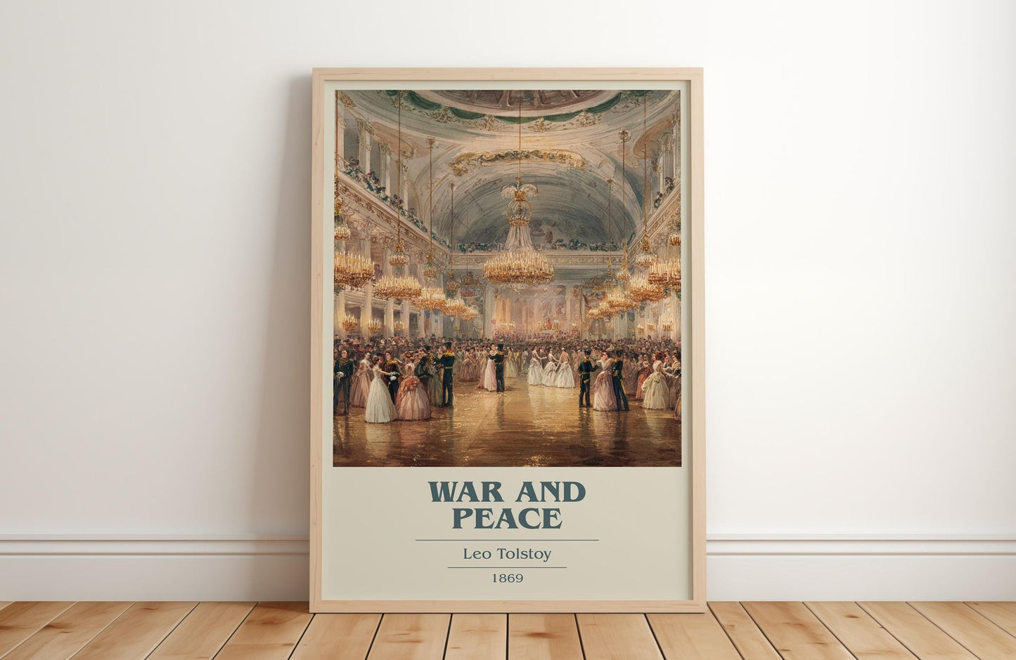 War and Peace book cover print in frame leaning in hallway – historical fiction wall art