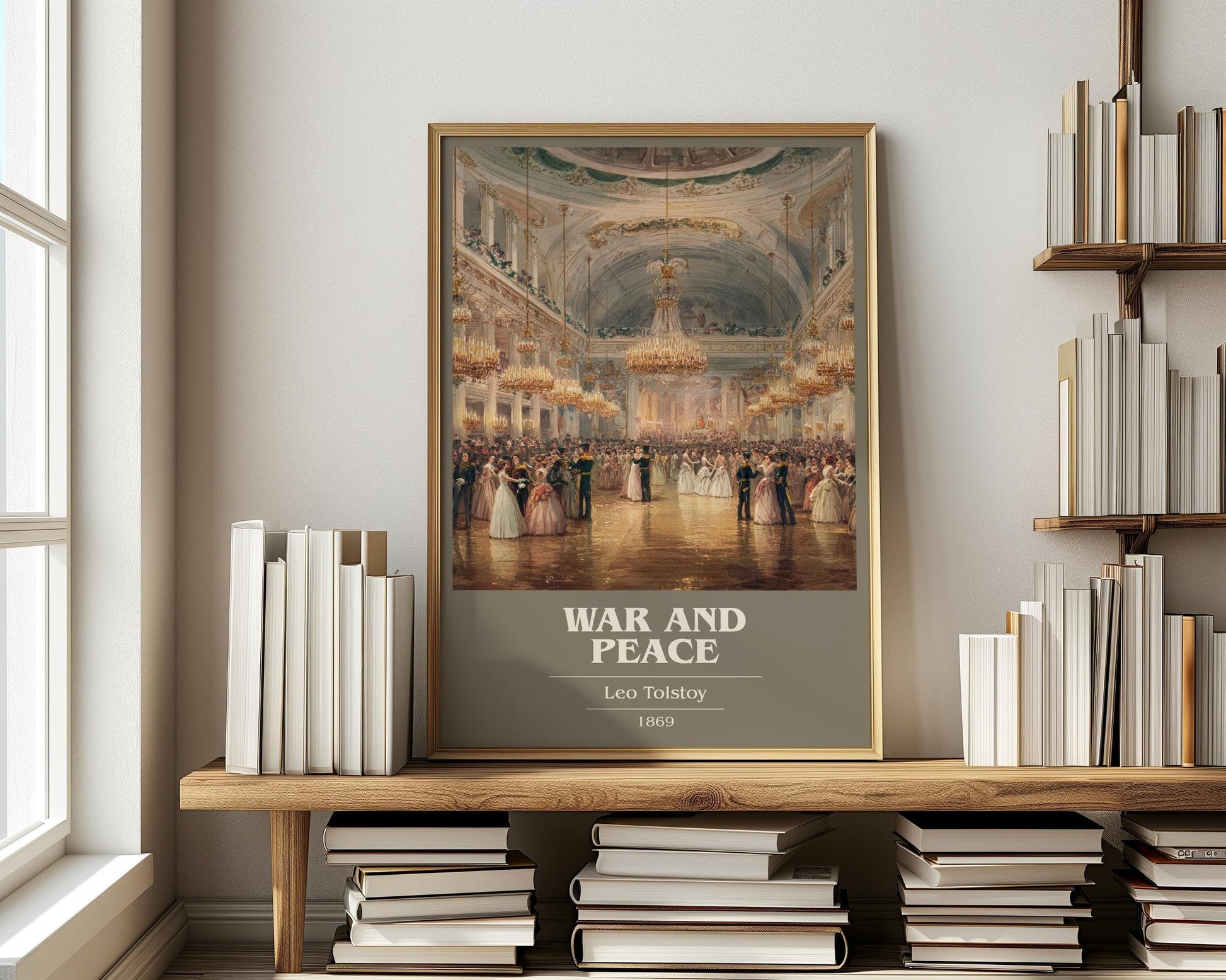 War and Peace book cover print on bookshelf – Leo Tolstoi fan gift
