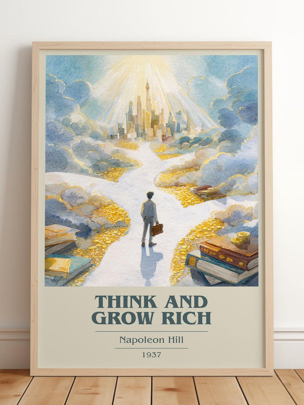 Think and Grow Rich book cover print in frame leaning in hallway – non fiction wall art