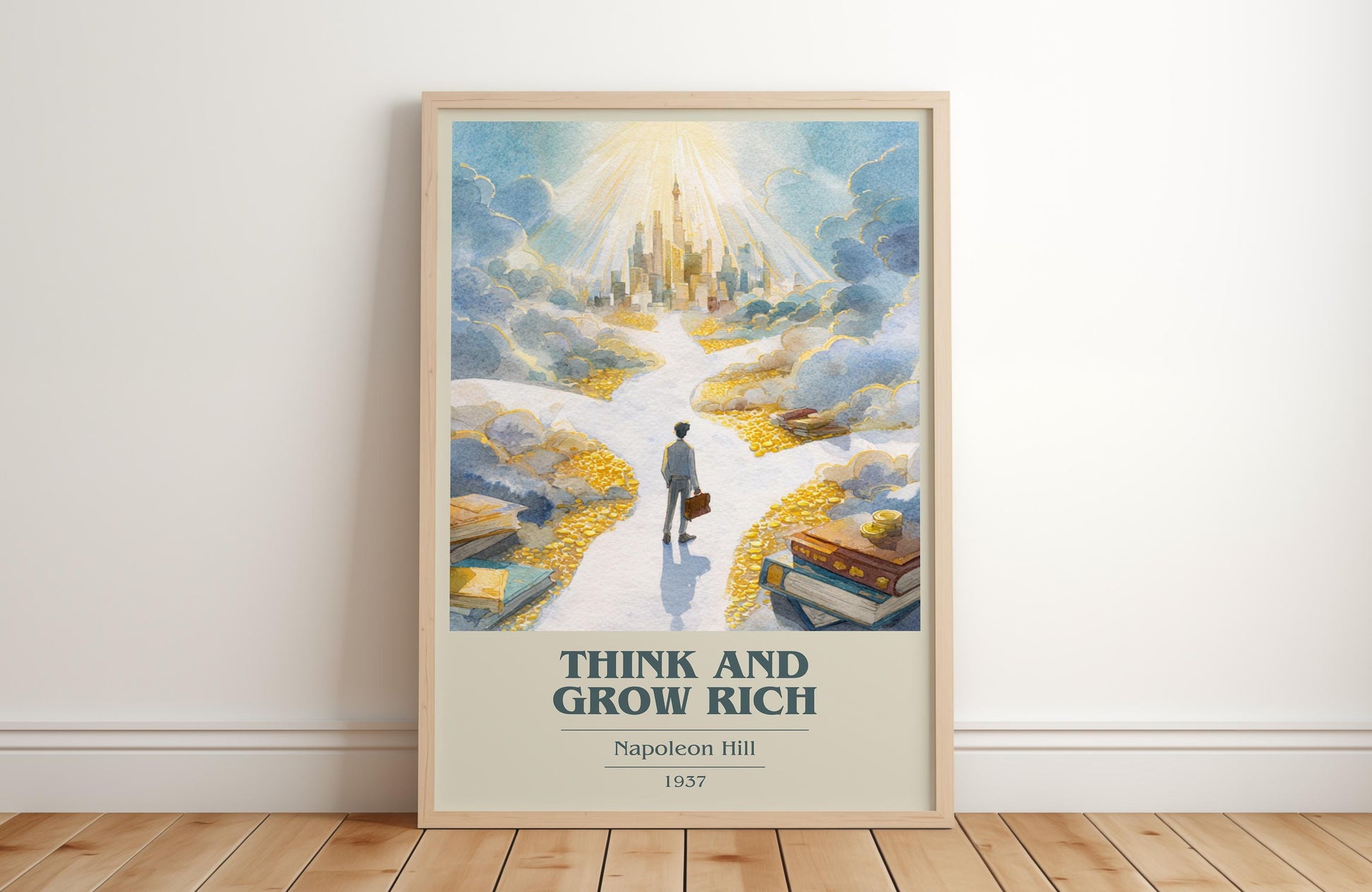 Think and Grow Rich book cover print in frame leaning in hallway – non fiction wall art