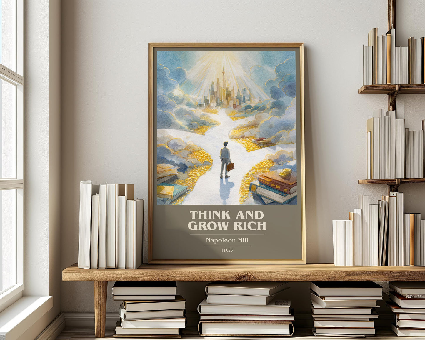 Think and Grow Rich book cover print on bookshelf – Napoleon Hill fan gift