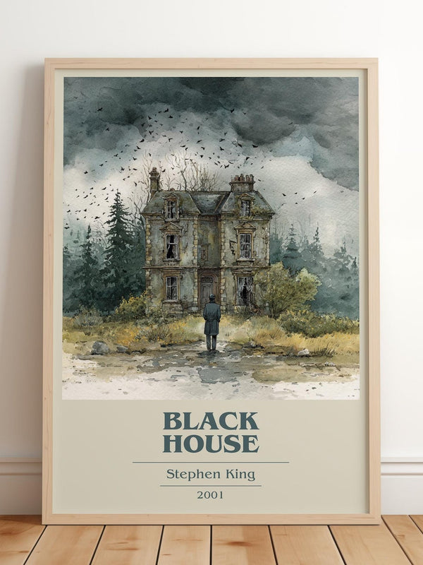 Black House book cover print in frame leaning in hallway – horror wall art