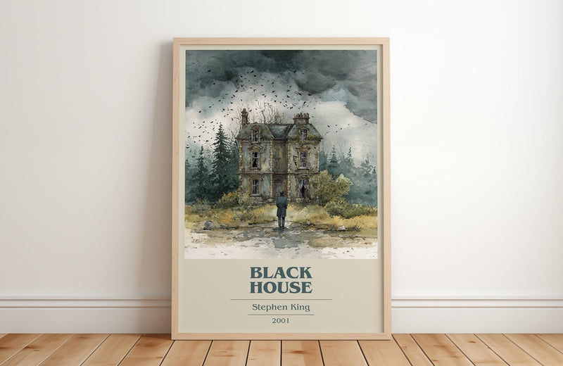 Black House book cover print in frame leaning in hallway – horror wall art
