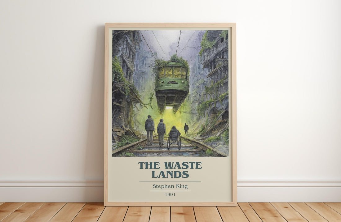 The waste lands book cover print in frame leaning in hallway – fantasy wall art (mockup)