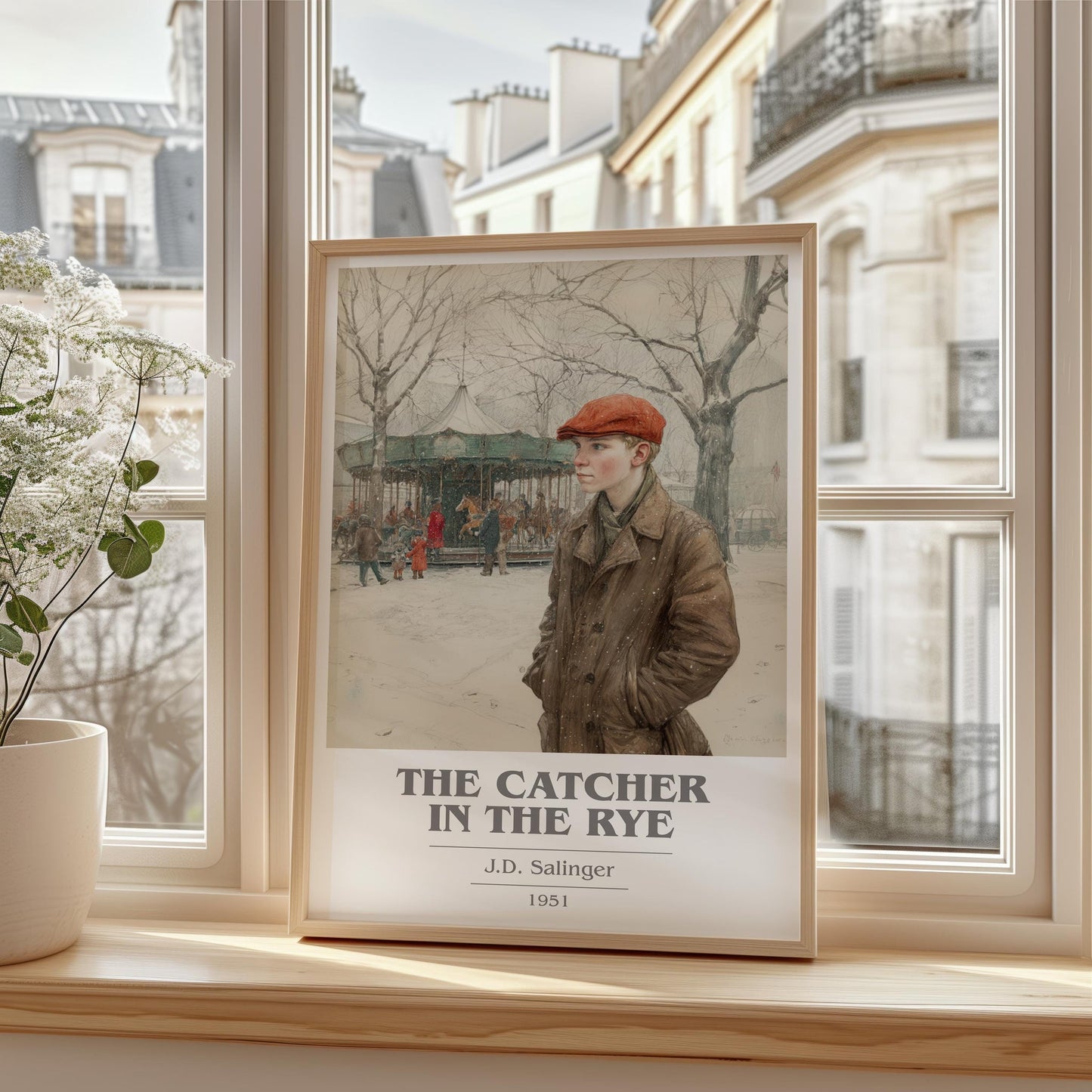 The Catcher in the Rye book cover print framed by window – literary home decor