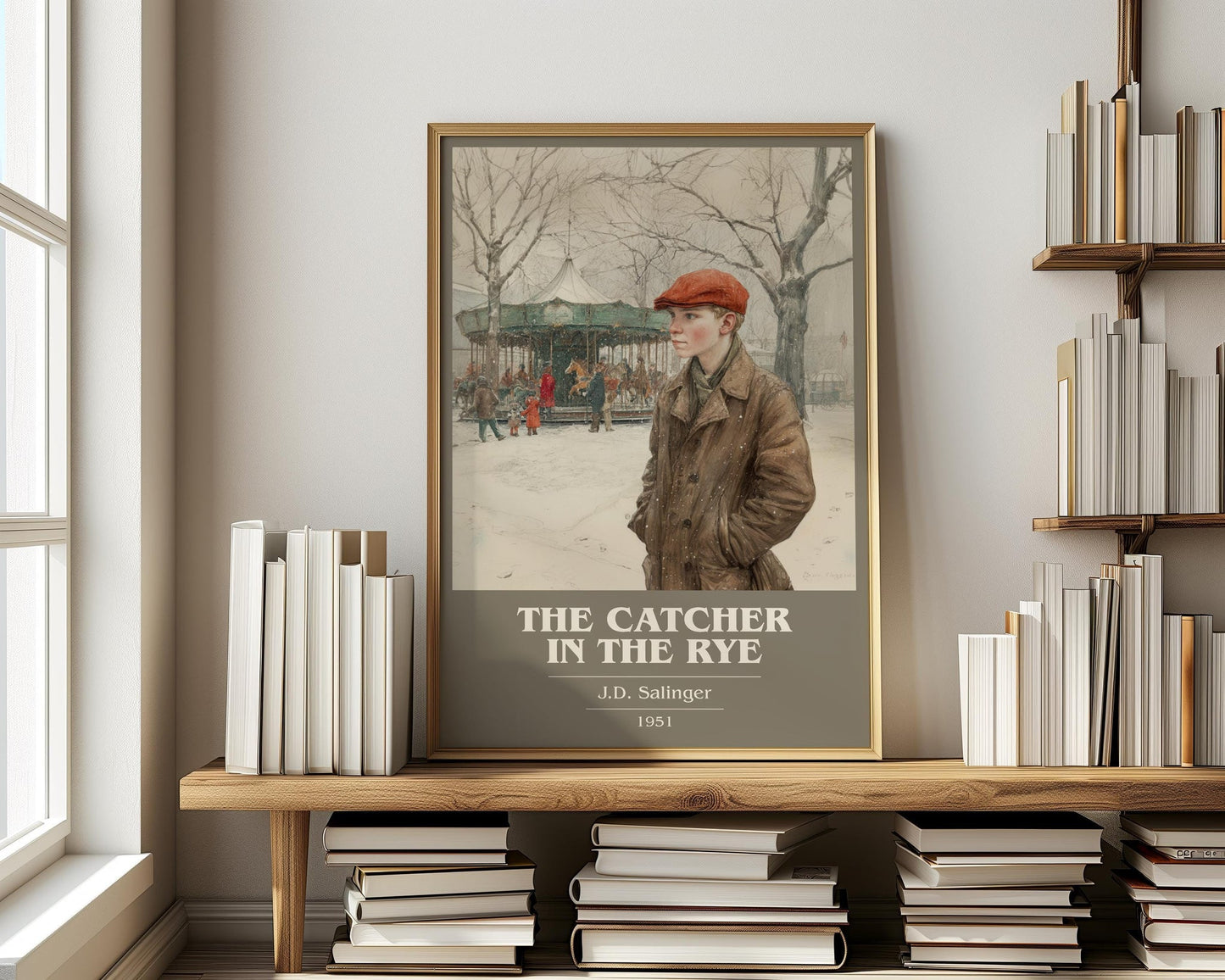 The Catcher in the Rye book cover print on bookshelf – J. D. Salinger fan gift
