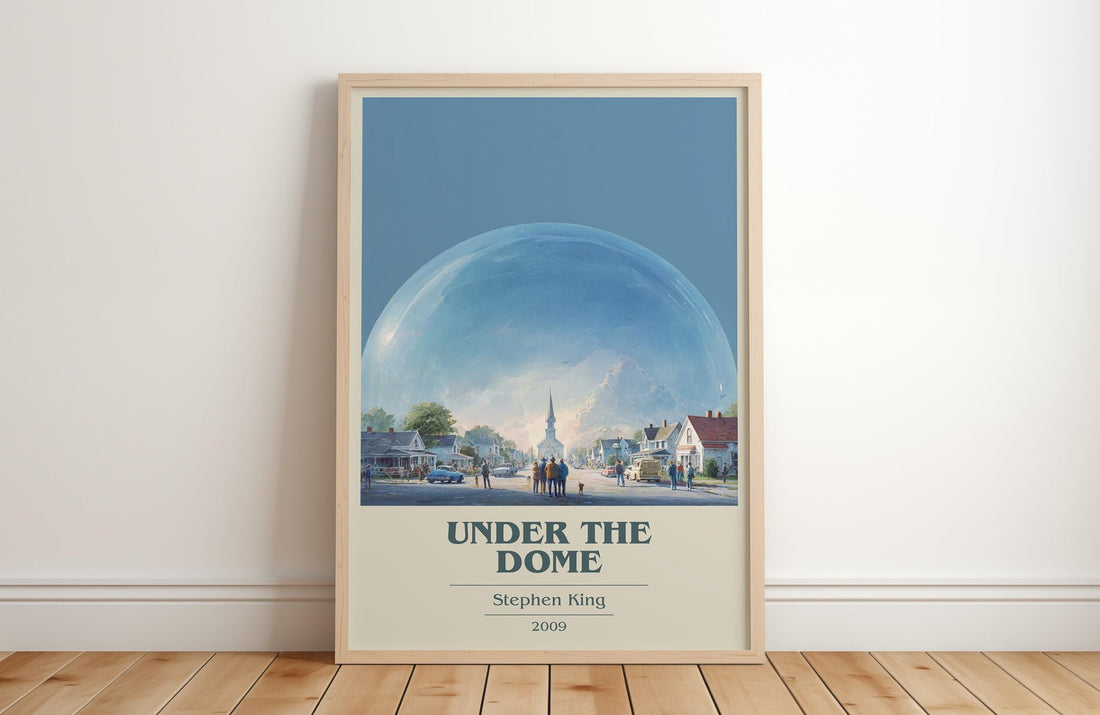 Under the Dome book cover print in frame leaning in hallway – thriller wall art (mockup)