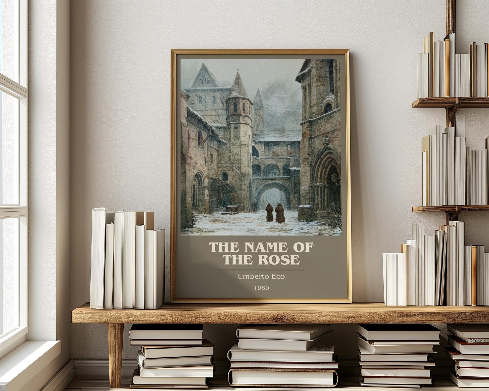 The Name of the Rose book cover print on bookshelf – Umberto Eco fan gift
