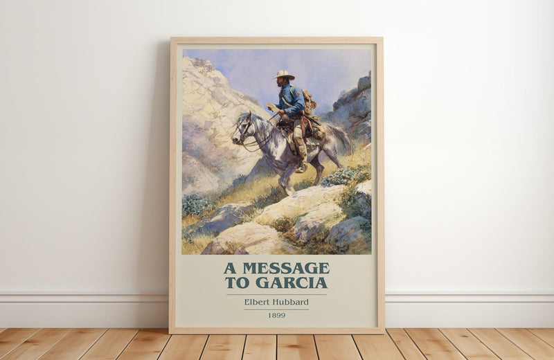 A Message to Garcia book cover print in frame leaning in hallway – non fiction wall art