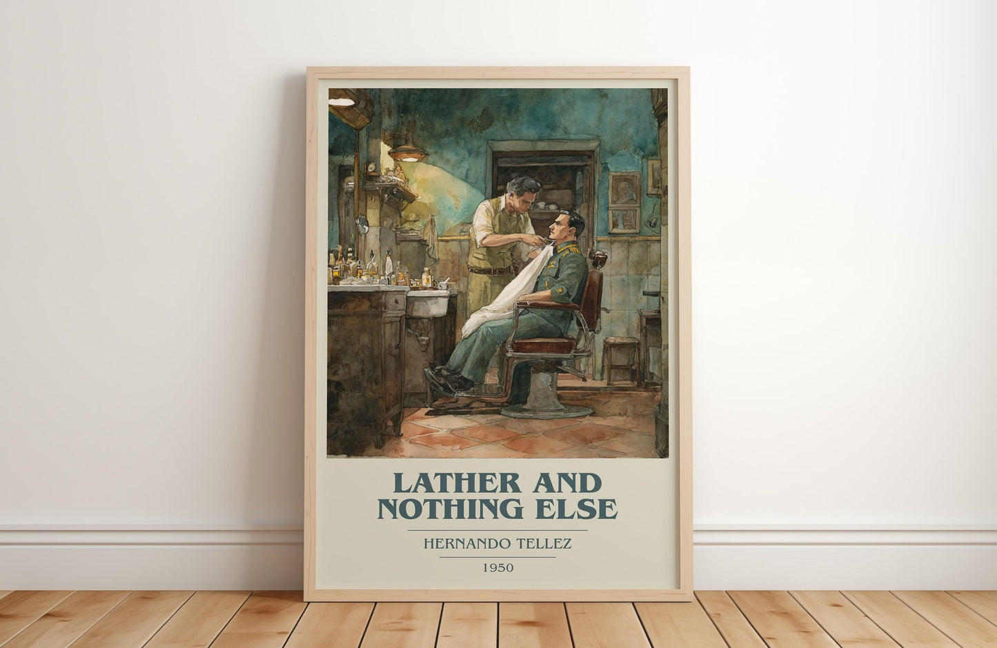 Lather And Nothing Else book cover print in frame leaning in hallway – classic literature wall art