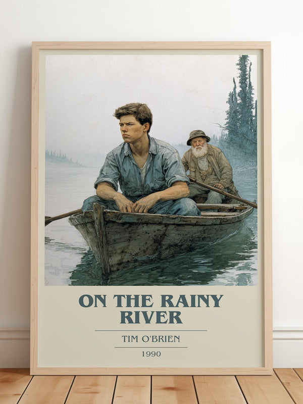 On The Rainy River book cover print in frame leaning in hallway – non fiction wall art
