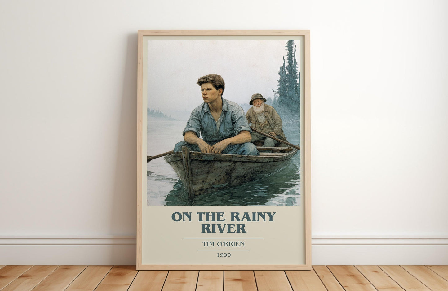 On The Rainy River book cover print in frame leaning in hallway – non fiction wall art