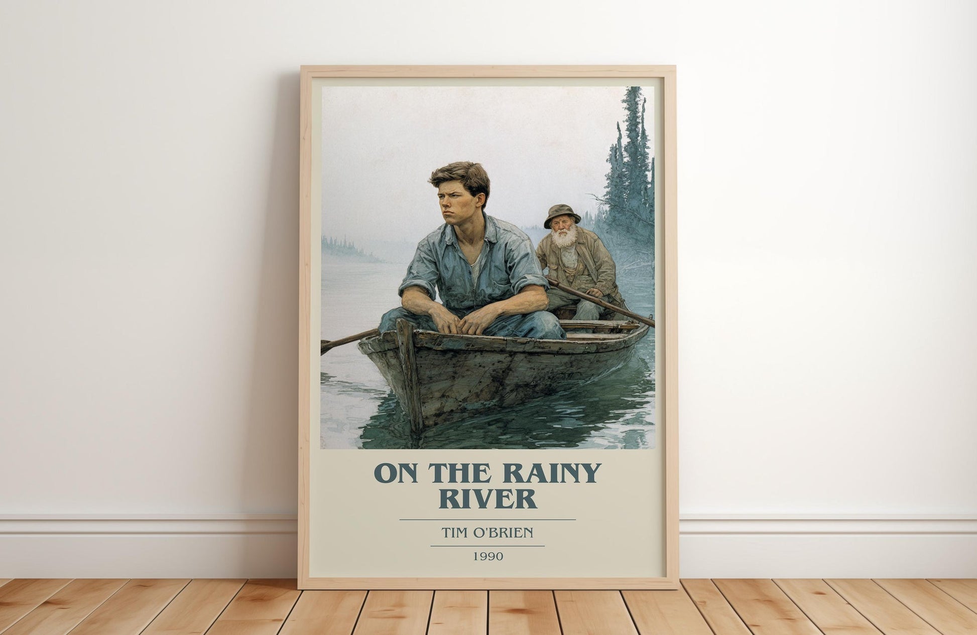 On The Rainy River book cover print in frame leaning in hallway – non fiction wall art