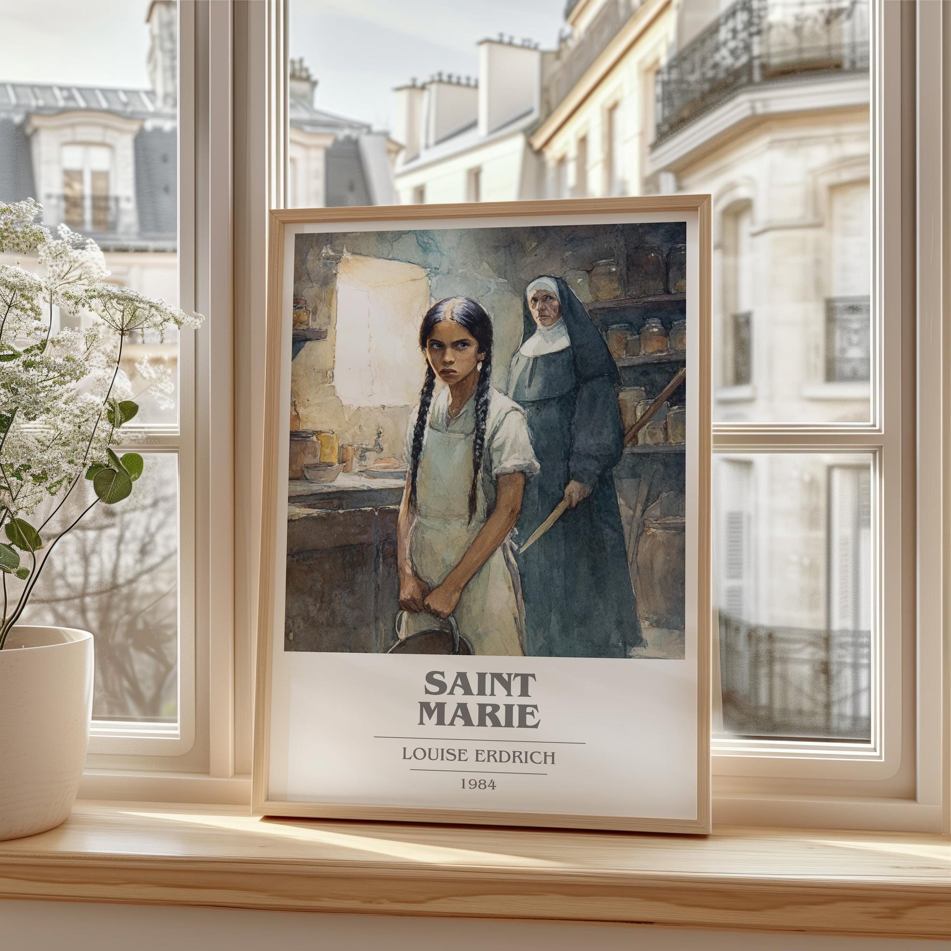 Saint Marie book cover print framed by window – literary home decor
