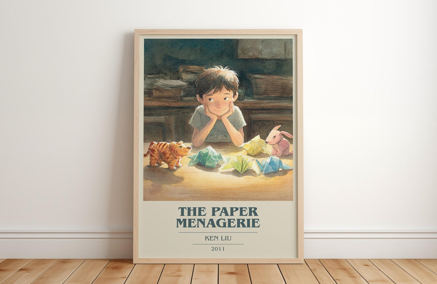 The Paper Menagerie book cover print in frame leaning in hallway – fantasy wall art