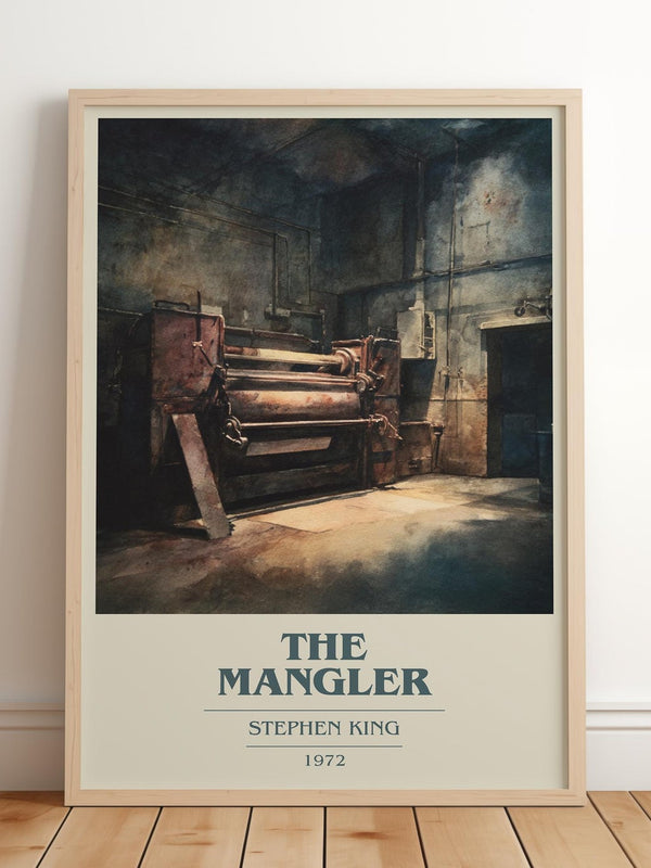 The Mangler book cover print in frame leaning in hallway – horror wall art