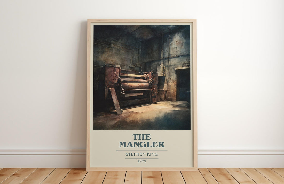 The Mangler book cover print in frame leaning in hallway – horror wall art (mockup)