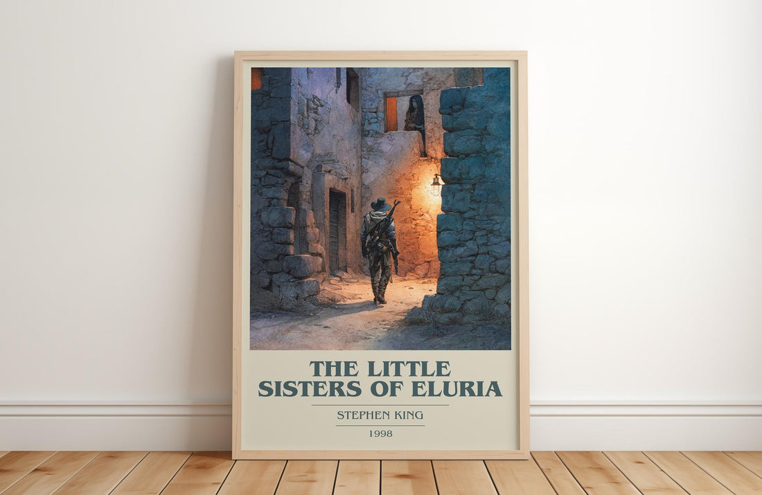 The Little Sisters Of Eluria book cover print in frame leaning in hallway – horror wall art (mockup)
