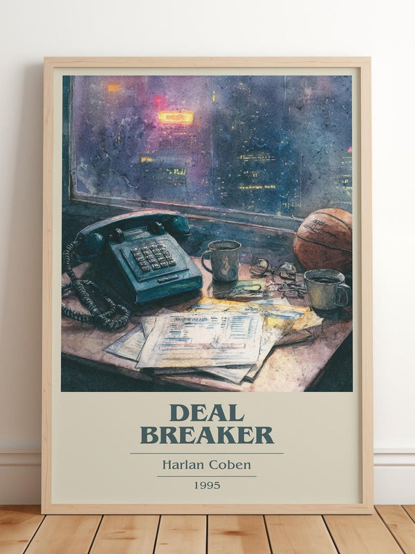 Deal Breaker book cover print in frame leaning in hallway – thriller wall art